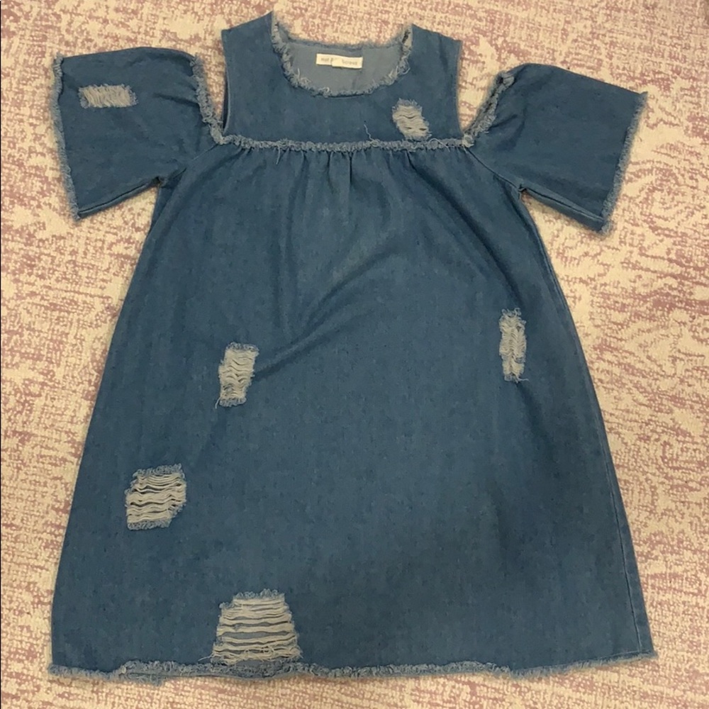 Open shoulder distressed denim dress